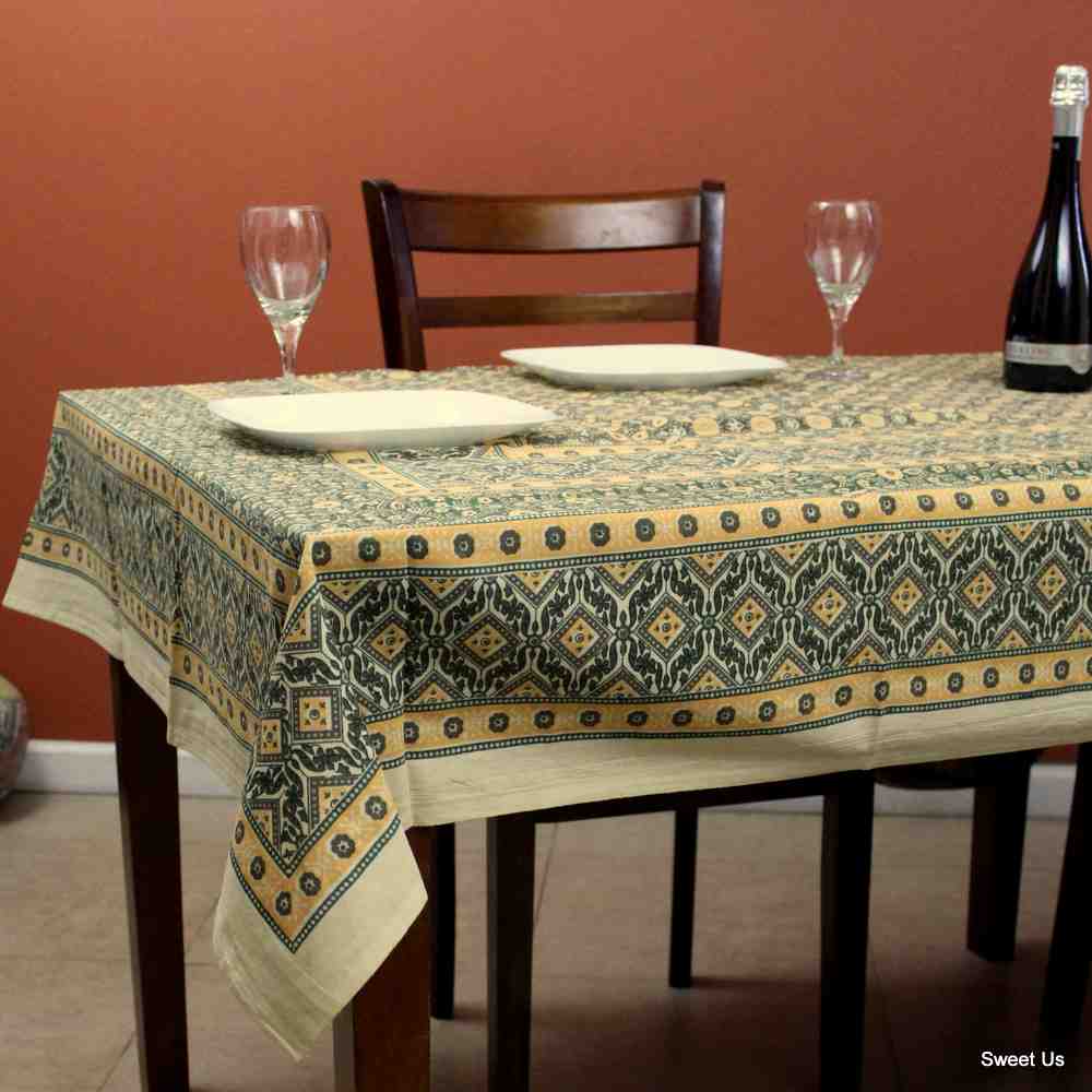 Cotton Geometric Tablecloth Rectangle White Olive Green Gold Kitchen Linen