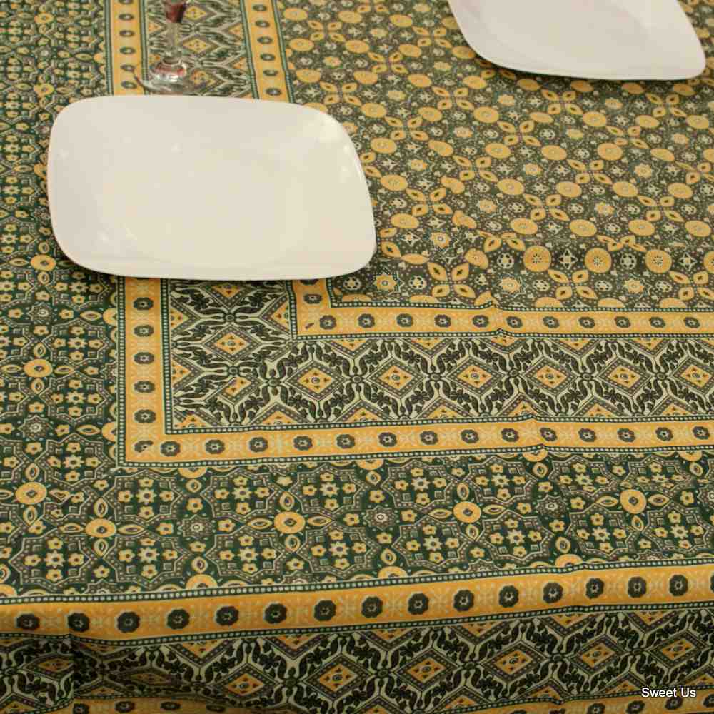 Cotton Geometric Tablecloth Rectangle White Olive Green Gold Kitchen Linen