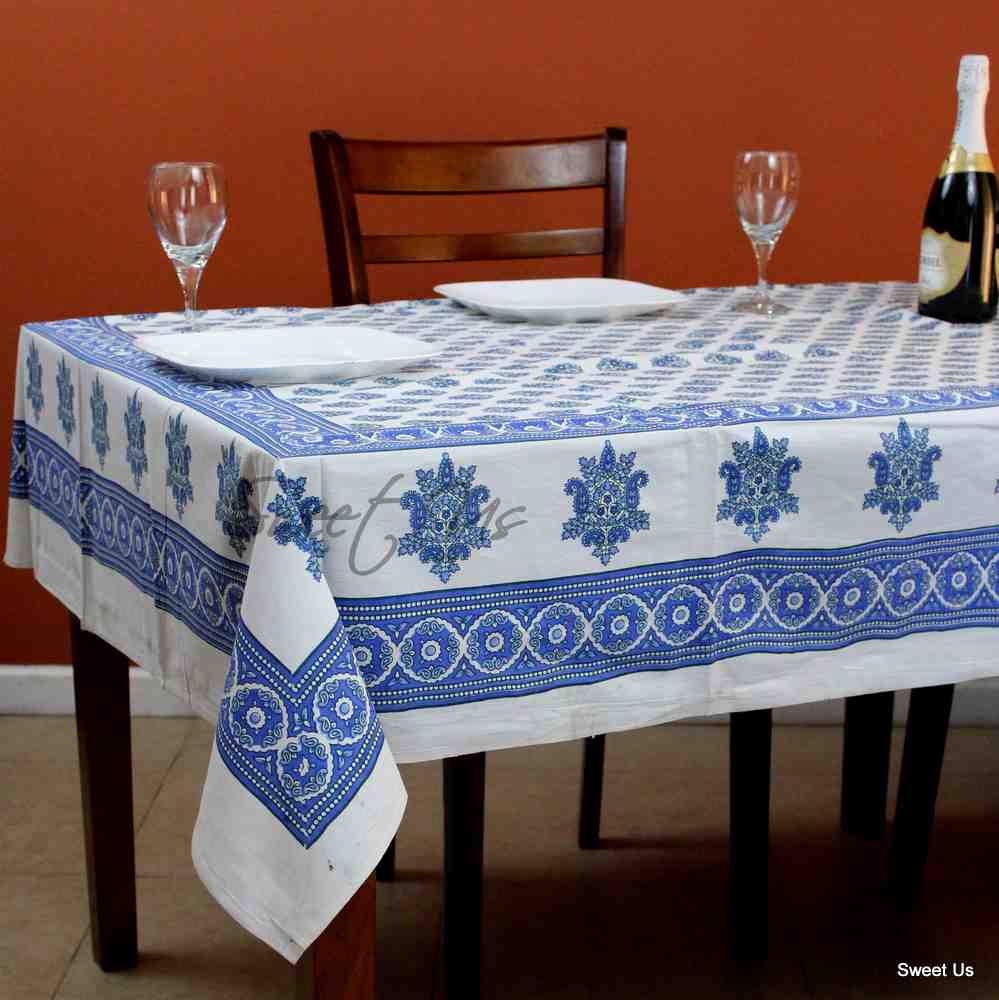 Cotton Block Print Floral Tablecloth Rectangle Blue Red White Dining Linen