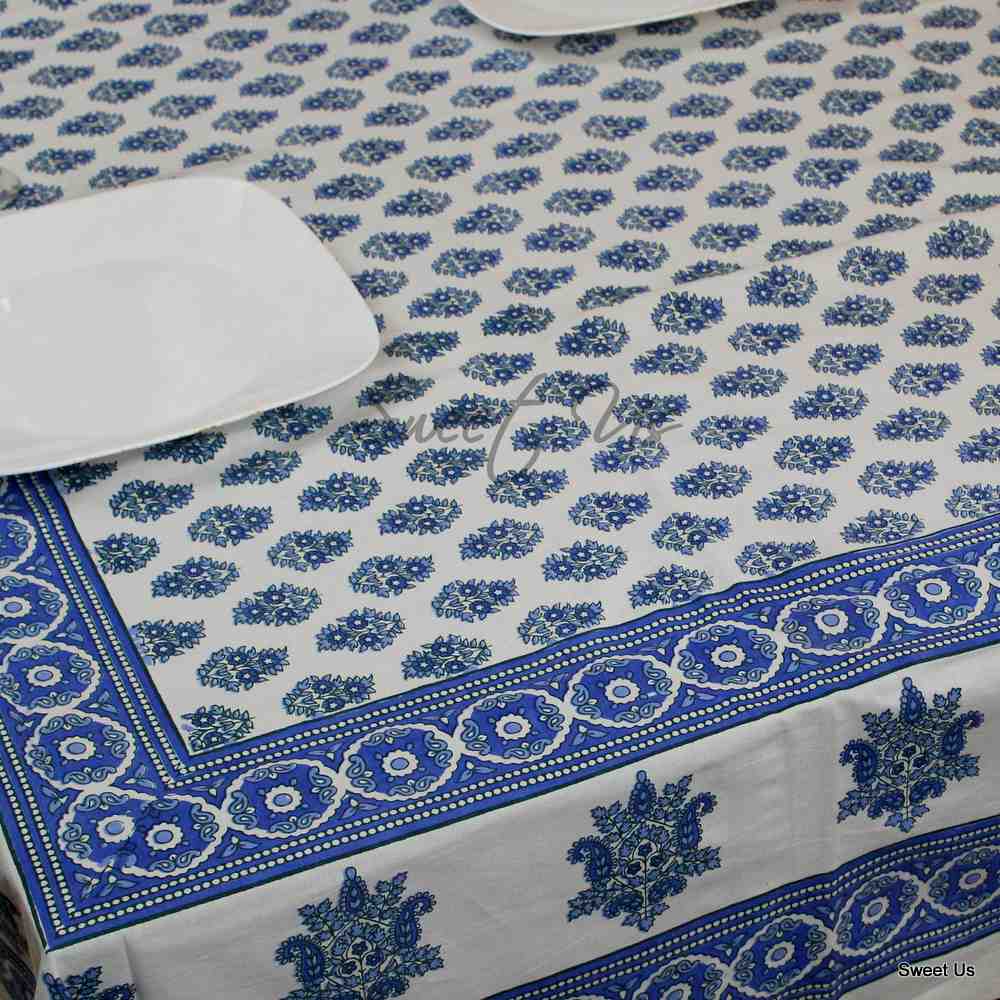 Cotton Block Print Floral Tablecloth Rectangle Blue Red White Dining Linen