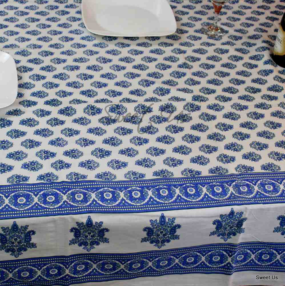 Cotton Block Print Floral Tablecloth Rectangle Blue Red White Dining Linen