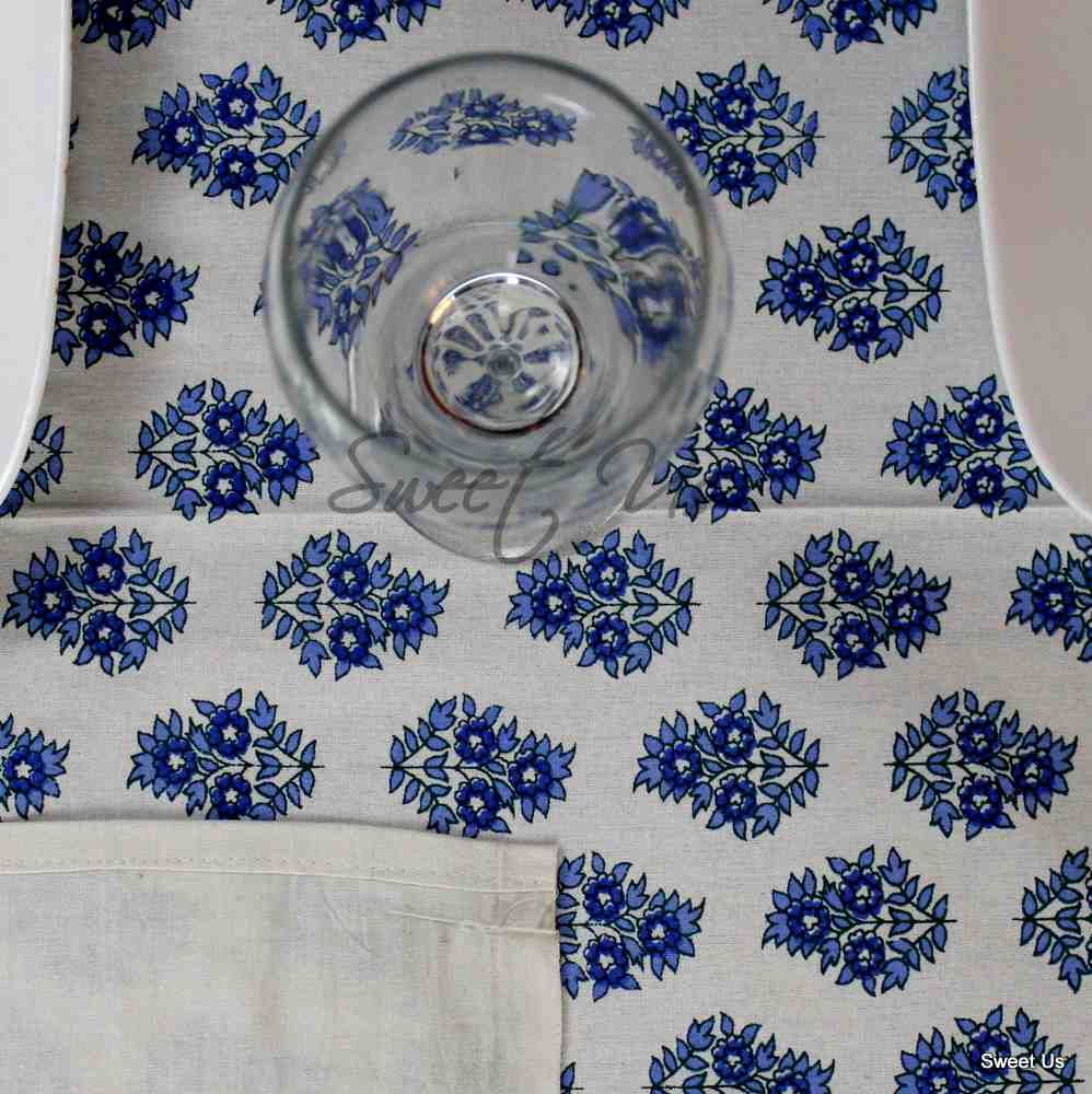 Cotton Block Print Floral Tablecloth Rectangle Blue Red White Dining Linen