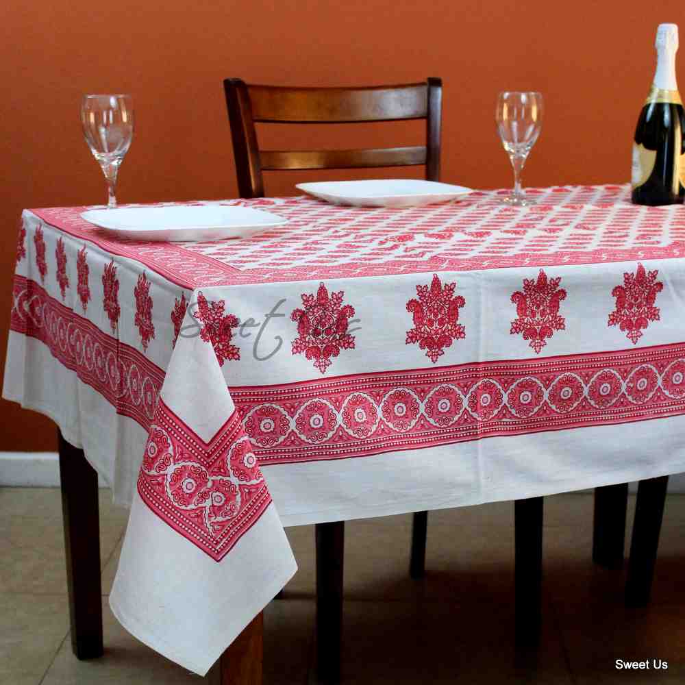 Cotton Block Print Floral Tablecloth Rectangle Blue Red White Dining Linen