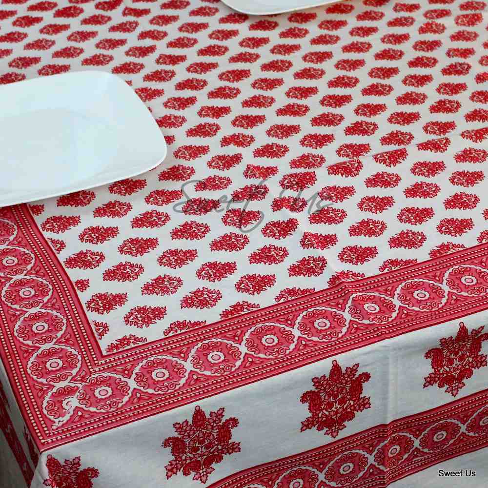 Cotton Block Print Floral Tablecloth Rectangle Blue Red White Dining Linen
