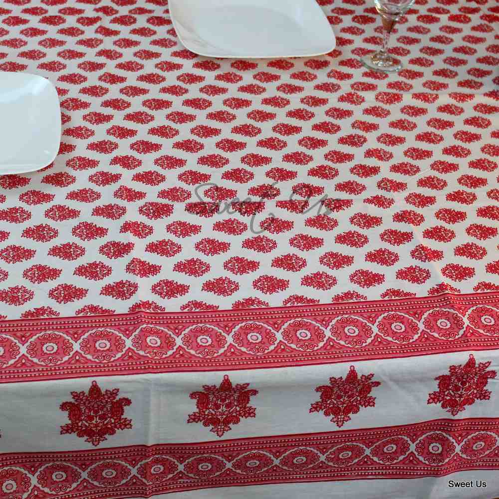 Cotton Block Print Floral Tablecloth Rectangle Blue Red White Dining Linen