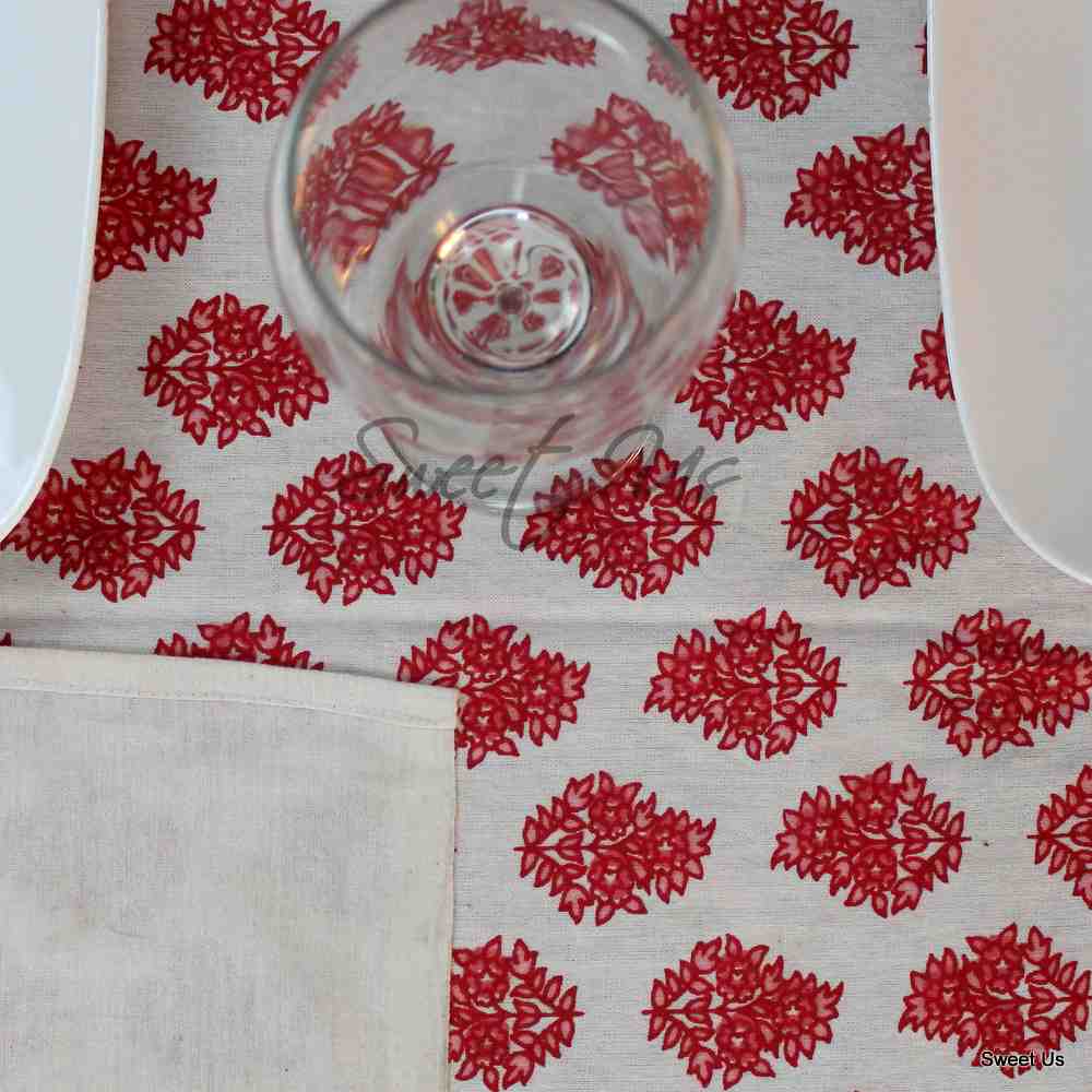 Cotton Block Print Floral Tablecloth Rectangle Blue Red White Dining Linen