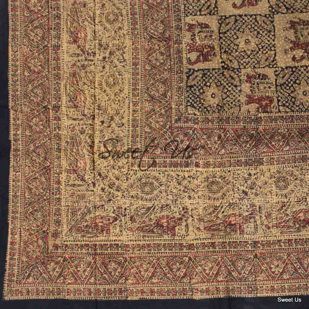 Tusker Trellis Block Print Batik Floral Tablecloth Rectangle, Rustic Reverie