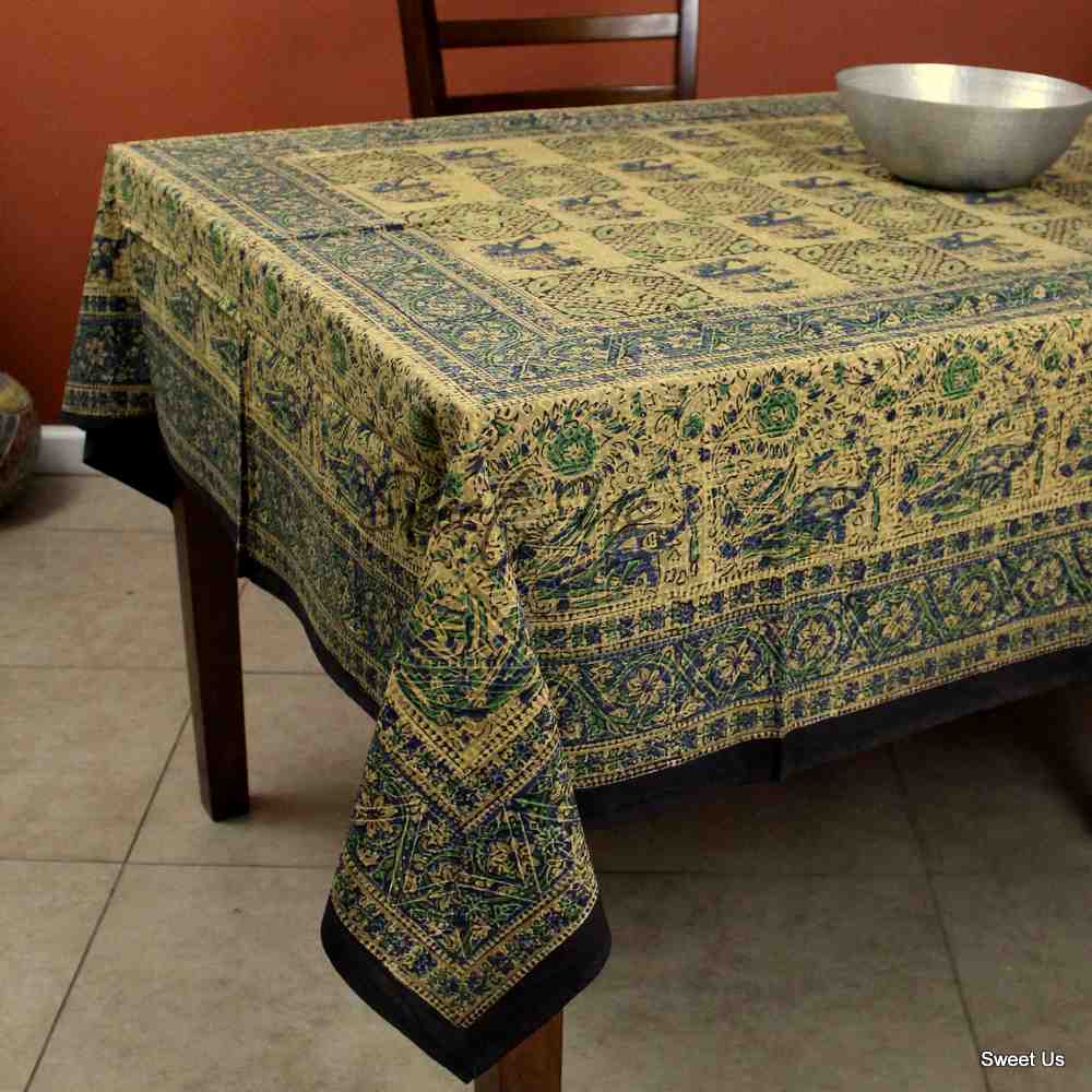 Cotton Block Print Tablecloth Elephant Green Blue Batik Kitchen Dining Linen