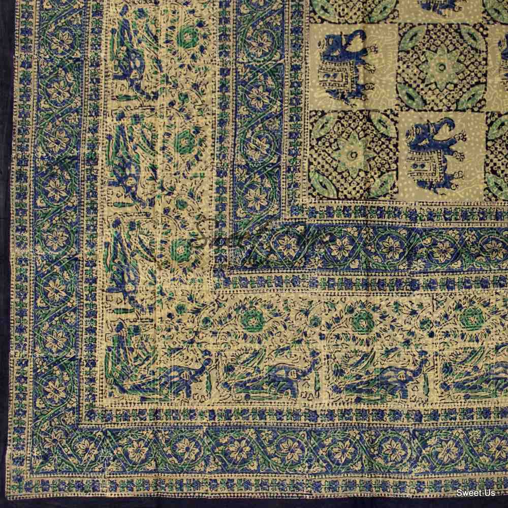 Tusker Trellis Block Print Batik Floral Tablecloth Rectangle, Seafoam