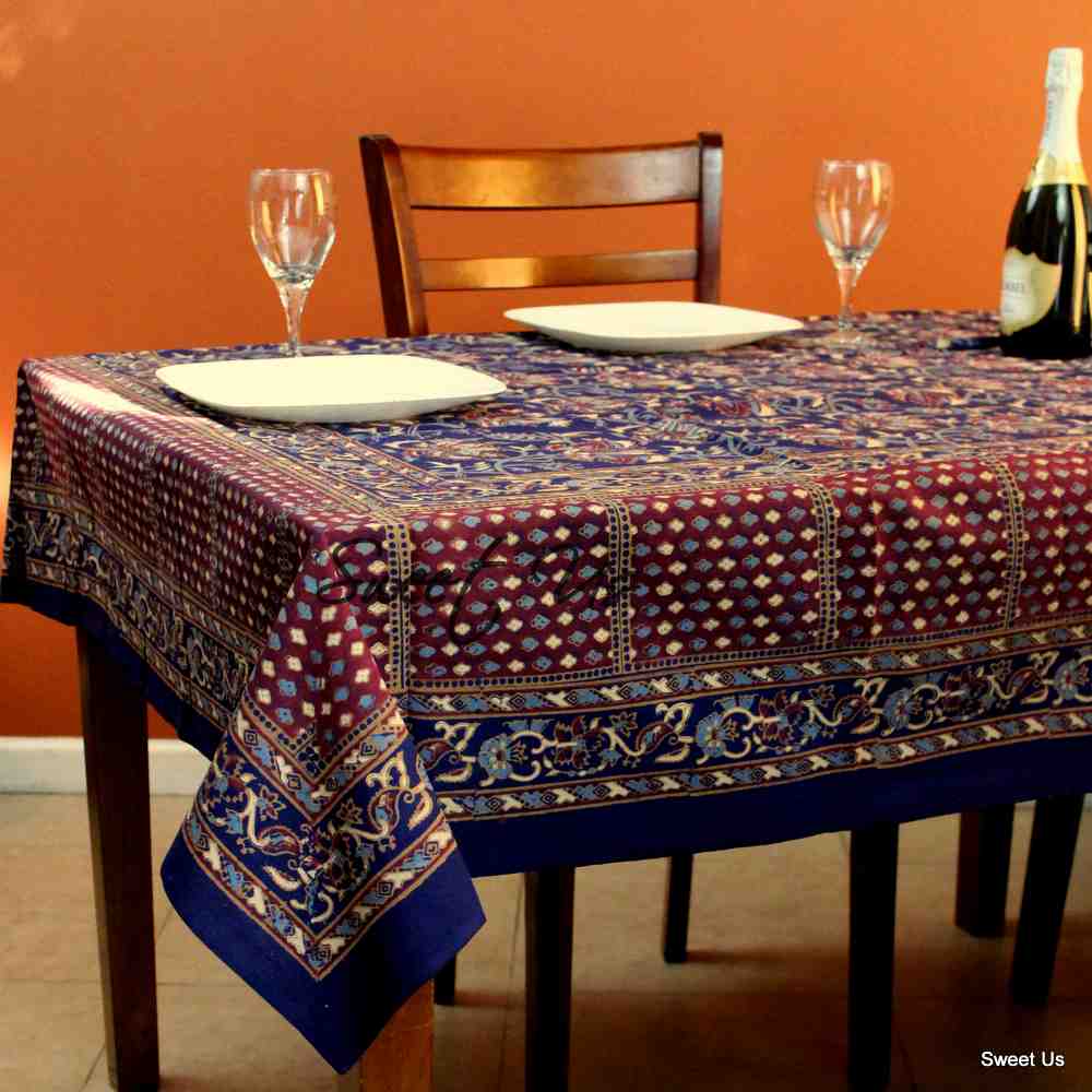 Cotton Block Print Floral Tablecloth Rectangle Blue Maroon Kitchen Dining Linen