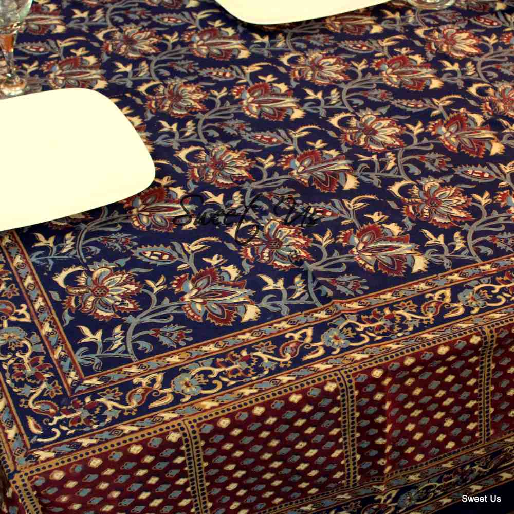 Cotton Block Print Floral Tablecloth Rectangle Blue Maroon Kitchen Dining Linen