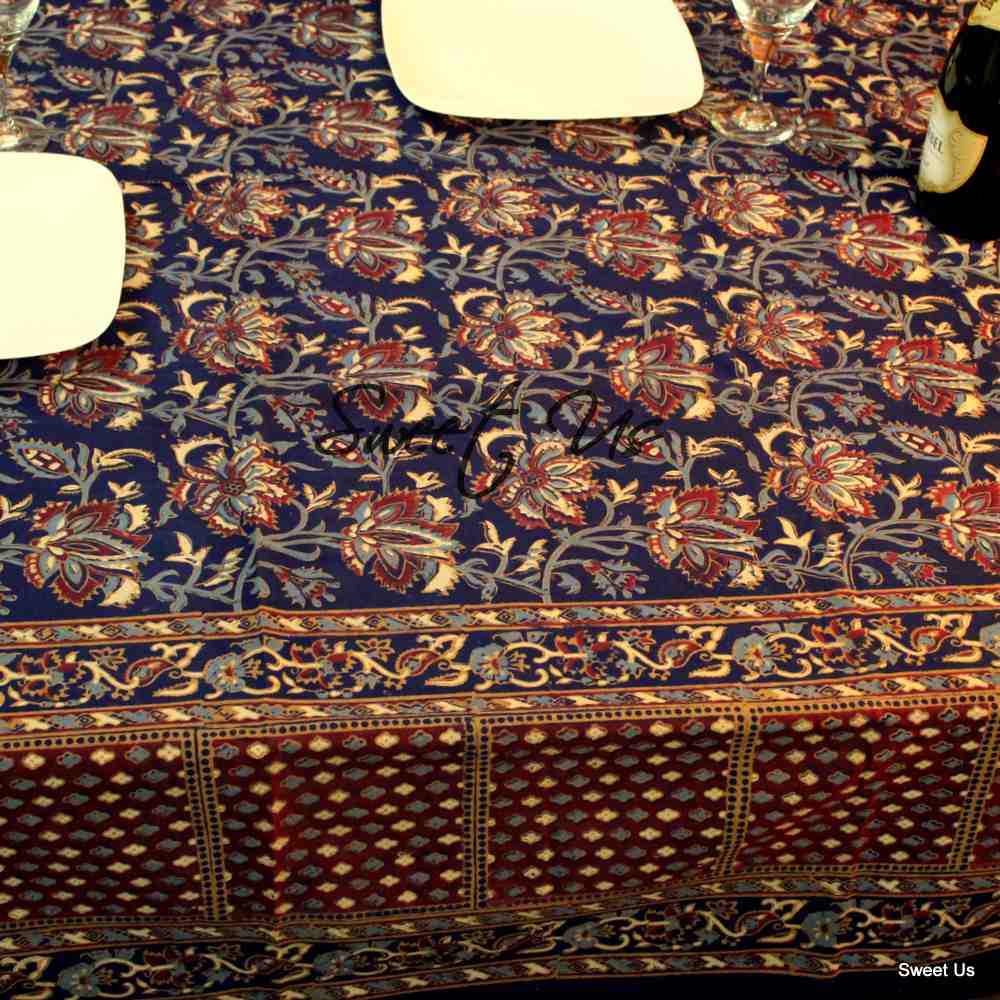 Cotton Block Print Floral Tablecloth Rectangle Blue Maroon Kitchen Dining Linen