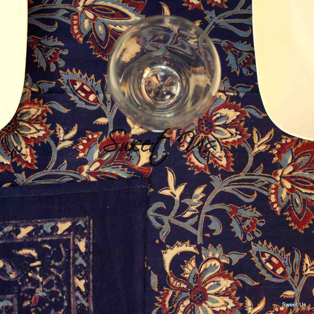 Cotton Block Print Floral Tablecloth Rectangle Blue Maroon Kitchen Dining Linen