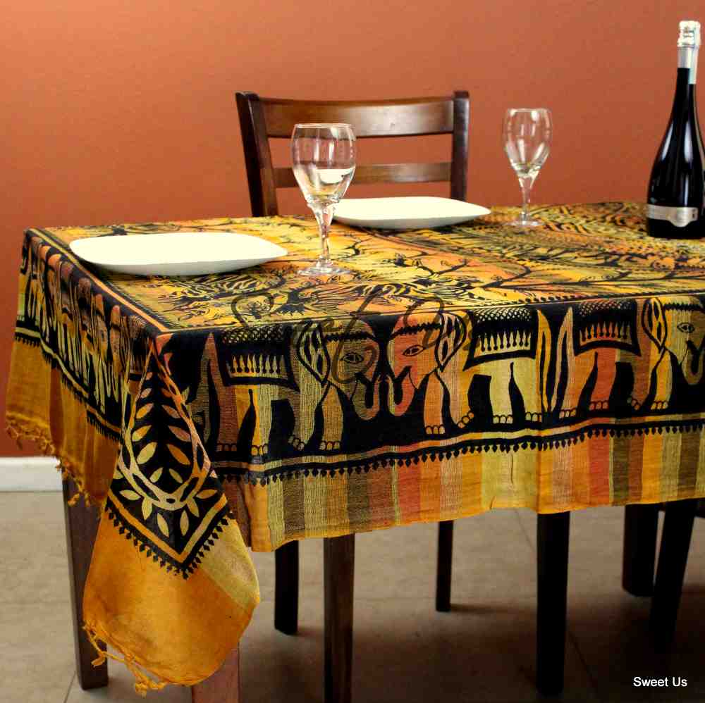 Cotton Elephant Print Floral Tablecloth Rectangle Yellow Black Gold Orange Fringe