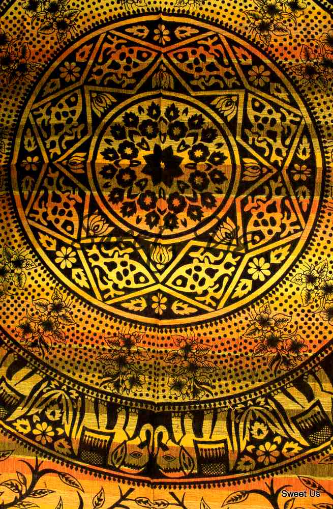 Cotton Elephant Print Floral Tablecloth Rectangle Yellow Black Gold Orange Fringe