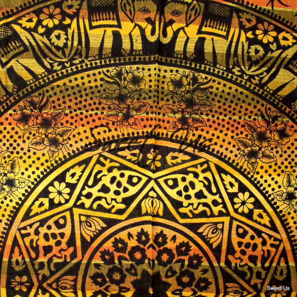 Cotton Elephant Print Floral Tablecloth Rectangle Yellow Black Gold Orange Fringe