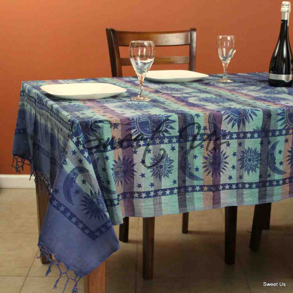 Cotton Celestial Print Floral Tablecloth Rectangle Blue Dining Linen