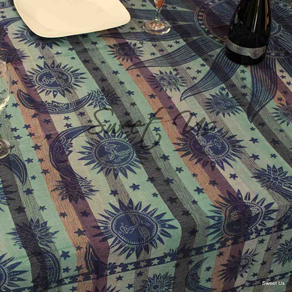 Cotton Celestial Print Floral Tablecloth Rectangle Blue Dining Linen