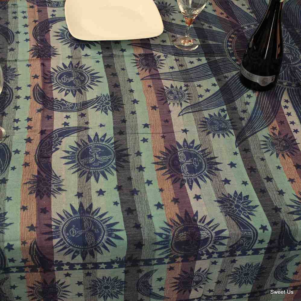 Cotton Celestial Overprint Tablecloth Rectangle 70x106 Blue Red Yellow Green