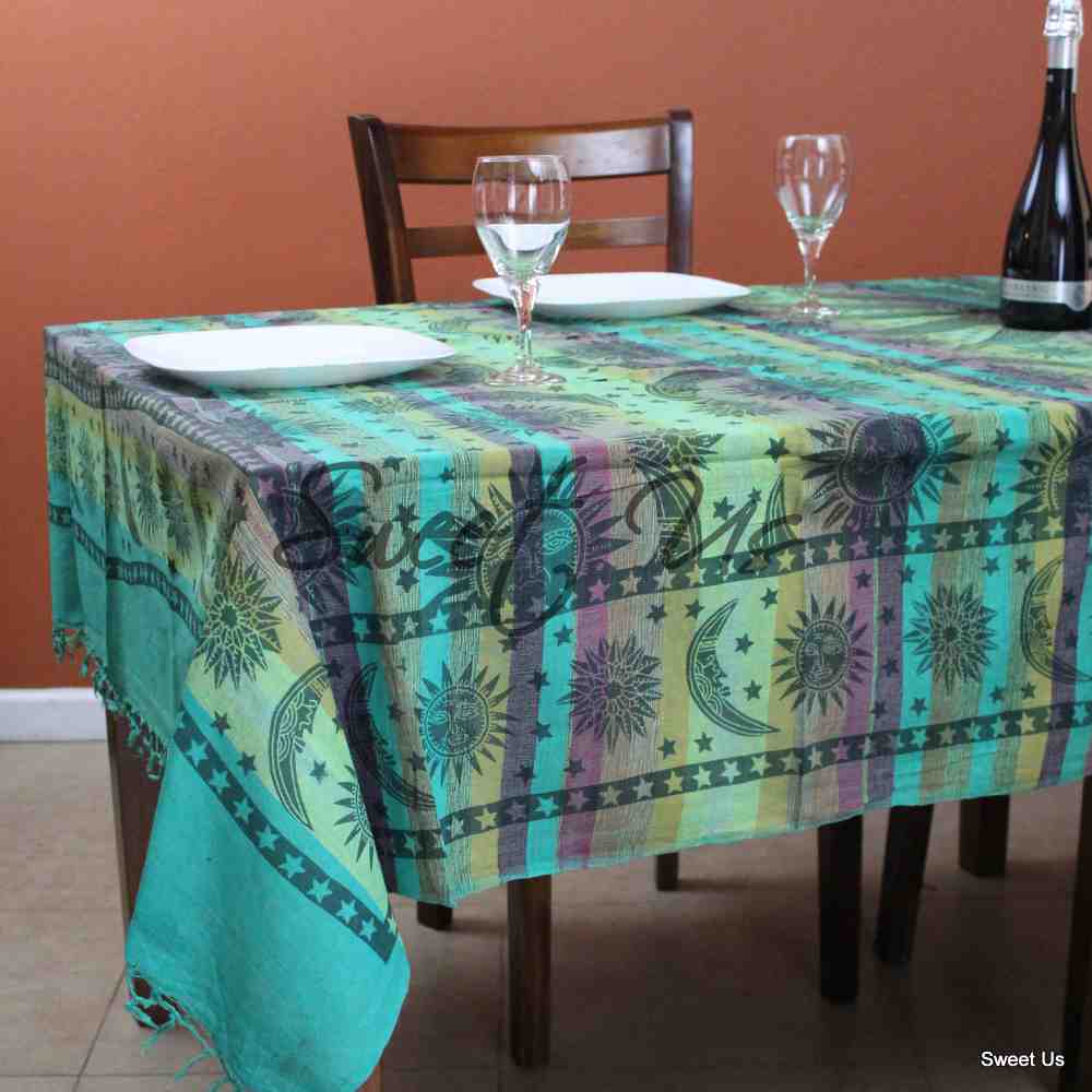 Cotton Celestial Print Floral Tablecloth Rectangle Green Dining Linen