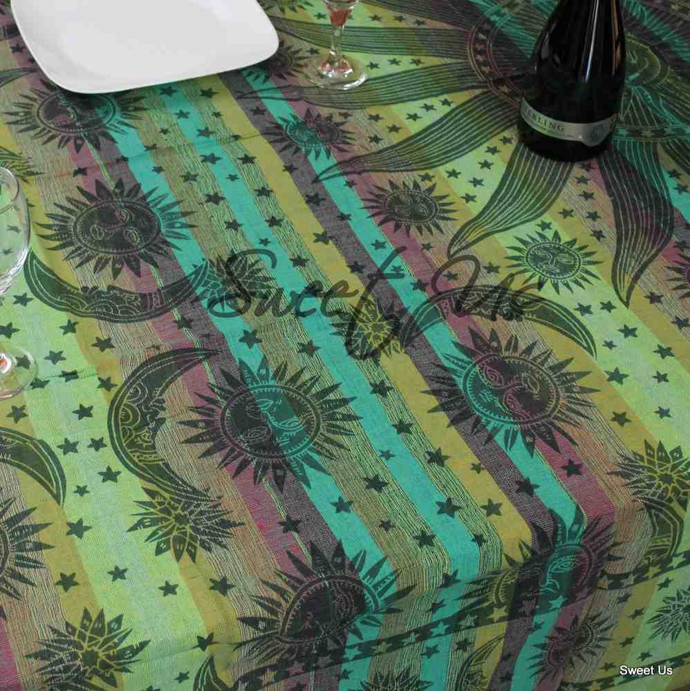 Cotton Celestial Print Floral Tablecloth Rectangle Green Dining Linen