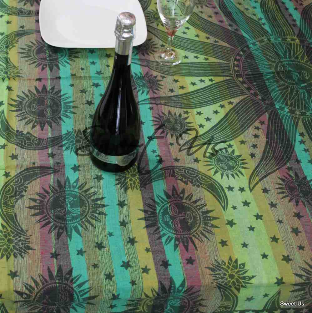 Cotton Celestial Print Floral Tablecloth Rectangle Green Dining Linen