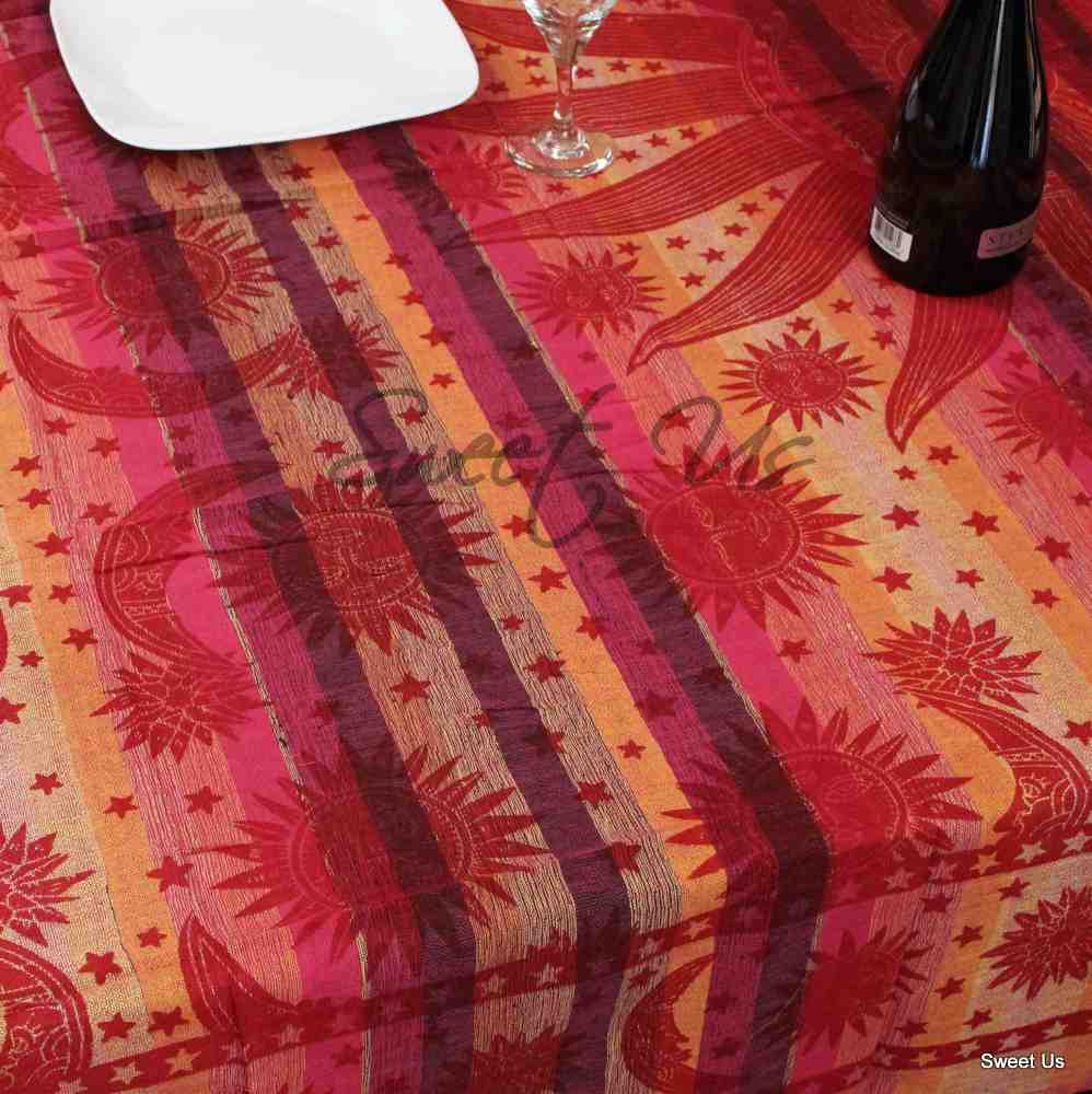 Cotton Celestial Print Floral Tablecloth Rectangle Red Dining Linen