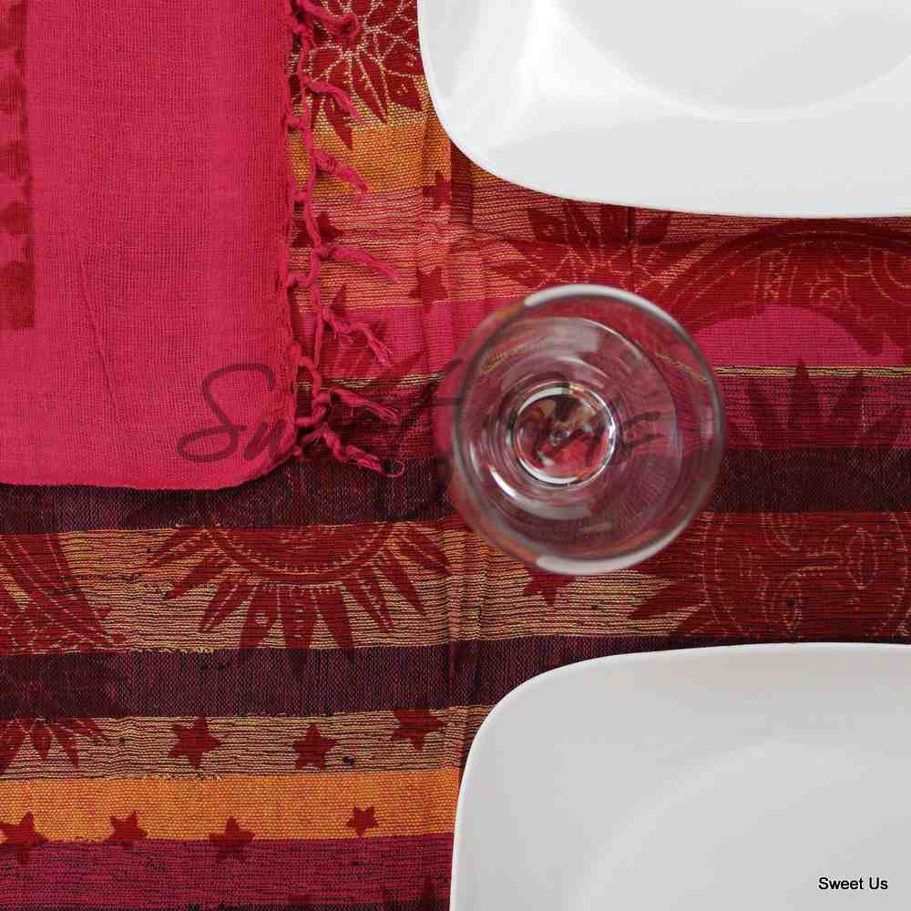 Cotton Celestial Print Floral Tablecloth Rectangle Red Dining Linen