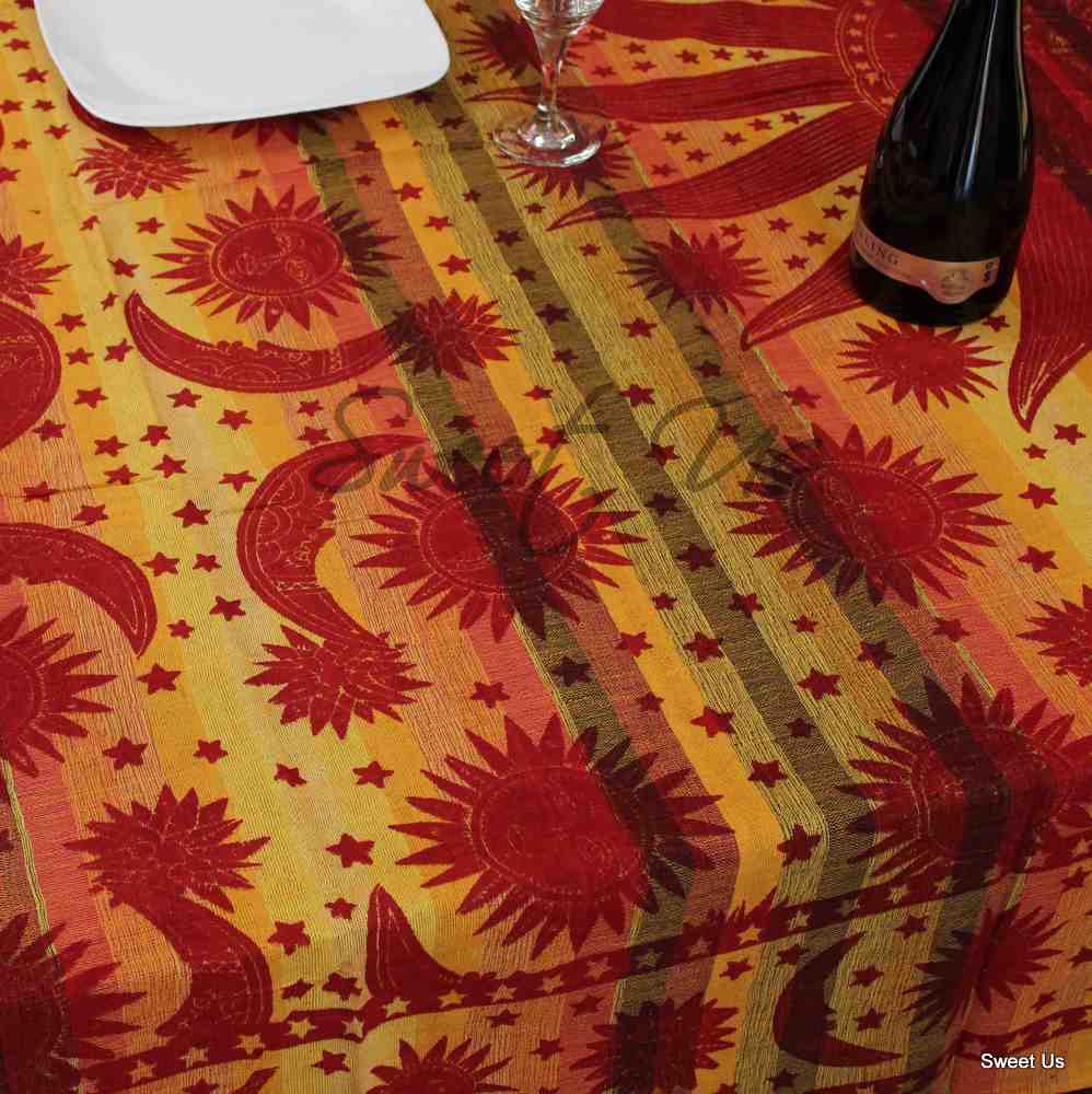 Cotton Celestial Print Floral Tablecloth Rectangle Yellow Dining Linen