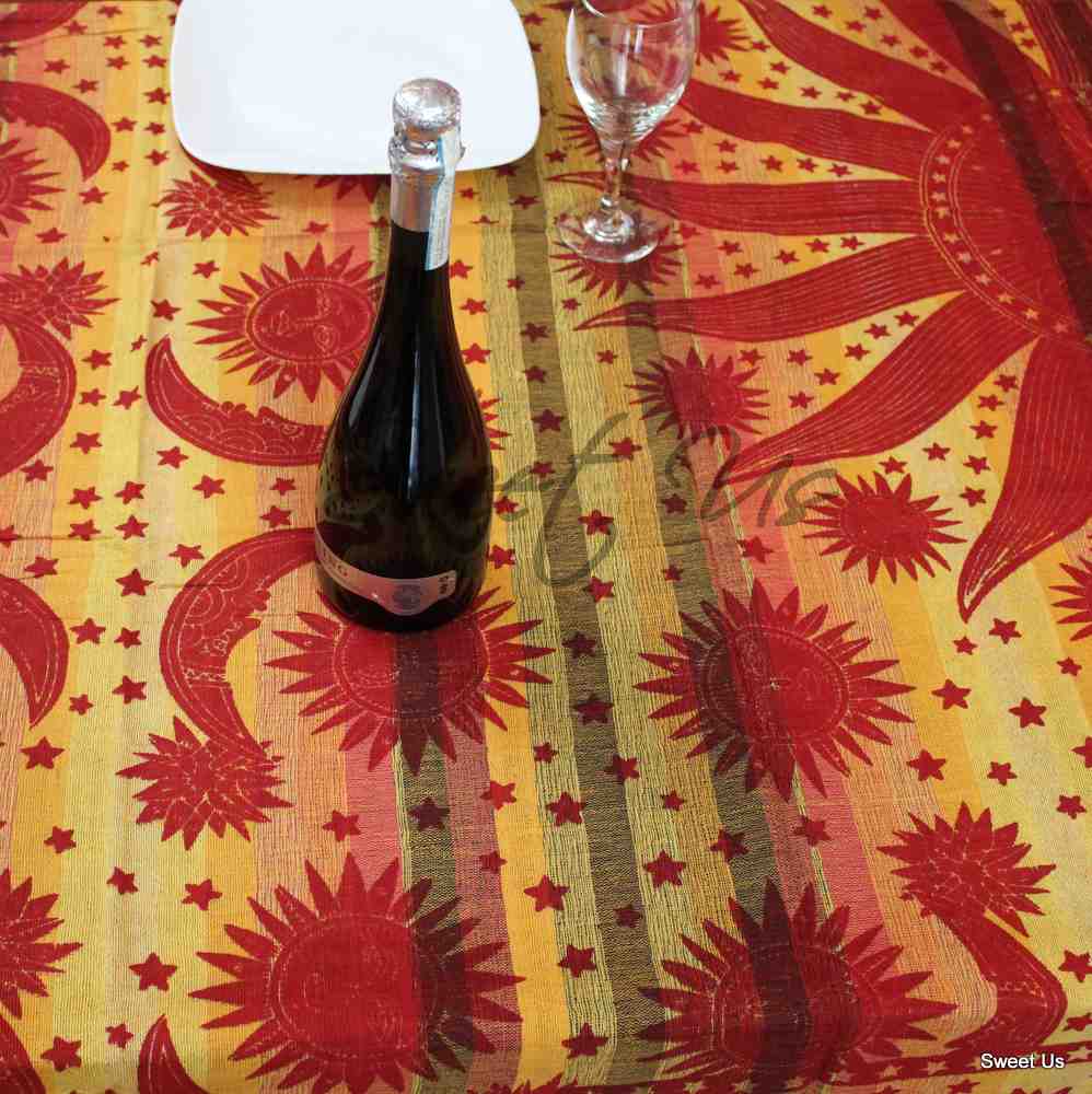 Cotton Celestial Print Floral Tablecloth Rectangle Yellow Dining Linen