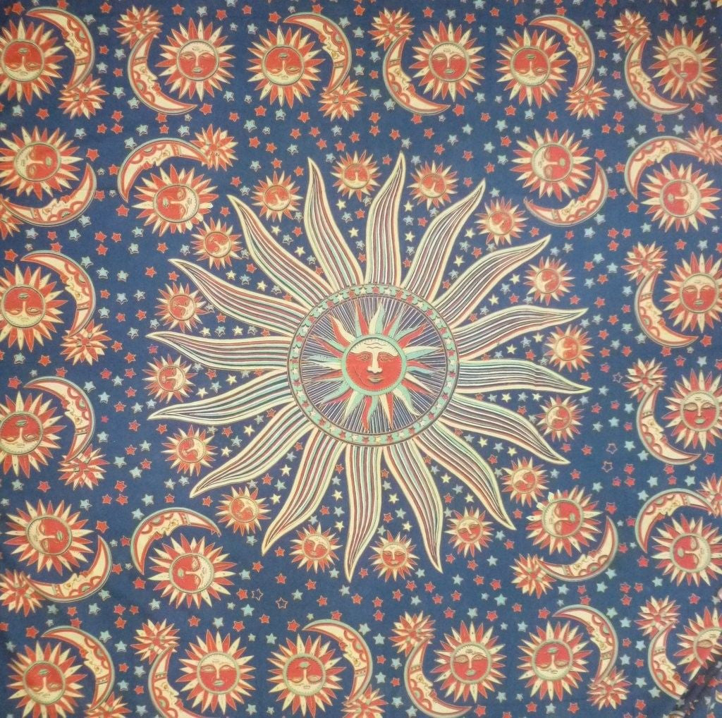 Handmade 100% Cotton Celestial Sun Moon & Star Tapestry Coverlet Dark Green Full - Sweet Us