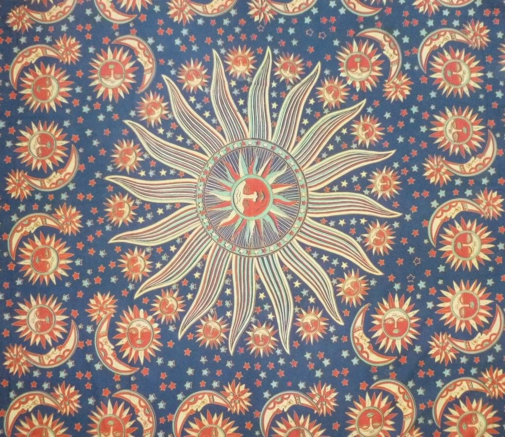 Handmade 100% Cotton Celestial Sun Moon & Star Tapestry Coverlet Dark Green Full - Sweet Us