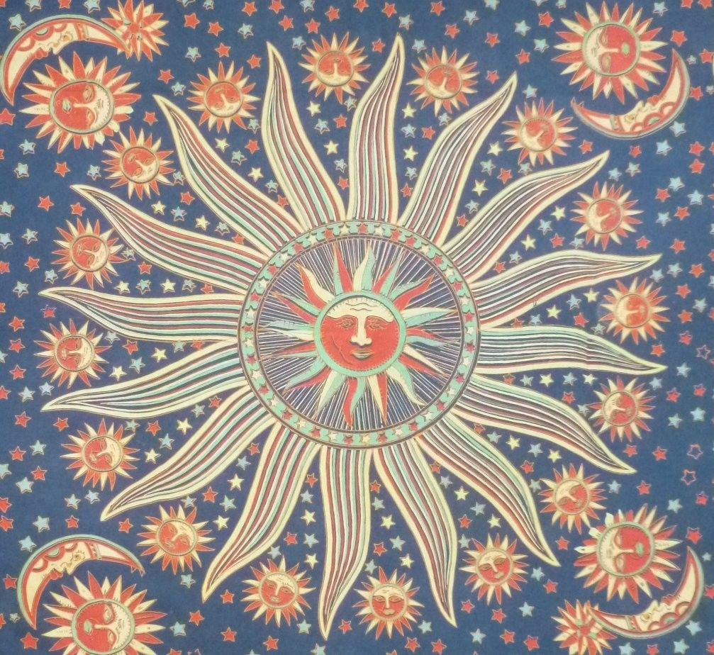 Handmade 100% Cotton Celestial Sun Moon & Star Tapestry Coverlet Dark Green Full - Sweet Us