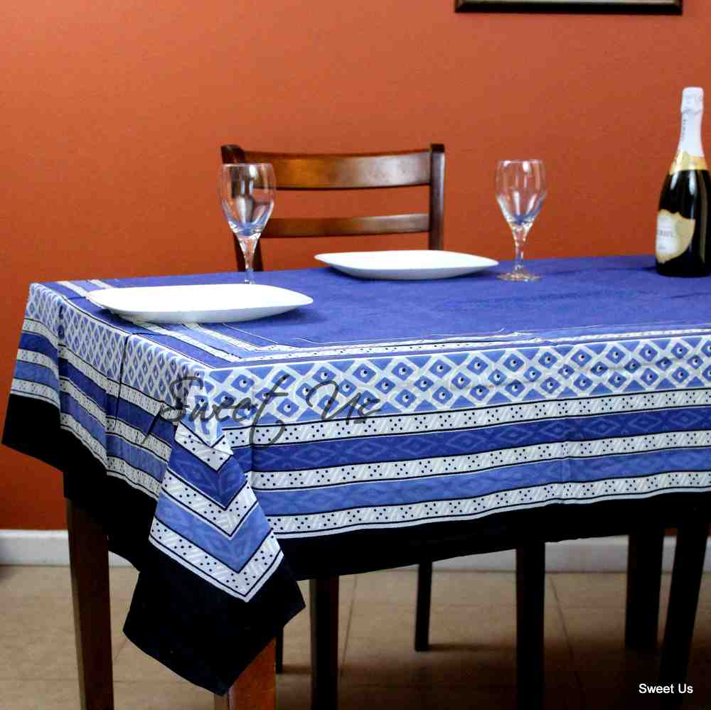 Cotton Block Print Tablecloth Rectangle Dining Kitchen Table Linen Blue