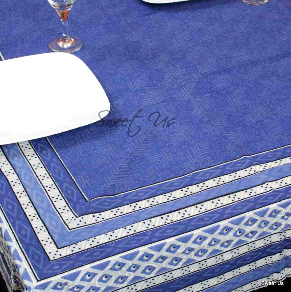 Cotton Block Print Tablecloth Rectangle Dining Kitchen Table Linen Blue