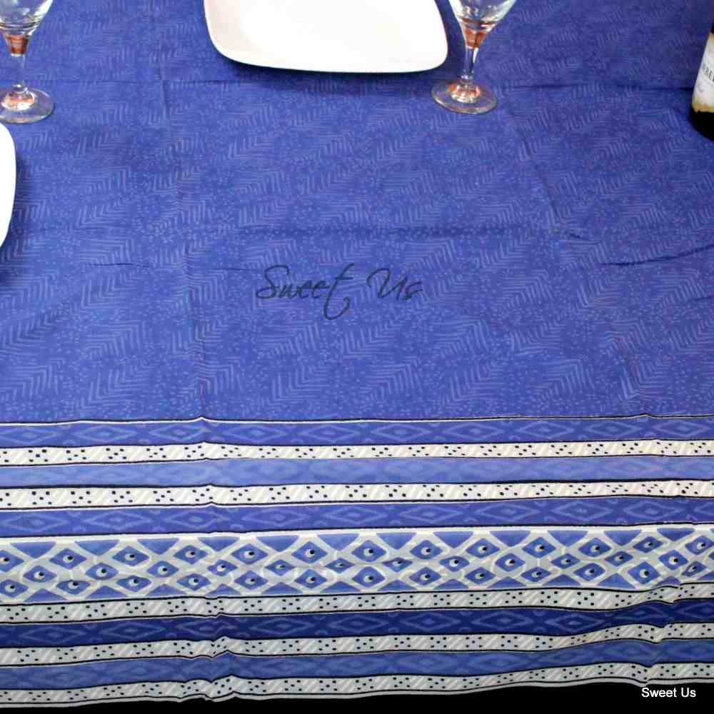 Cotton Block Print Tablecloth Rectangle Dining Kitchen Table Linen Blue