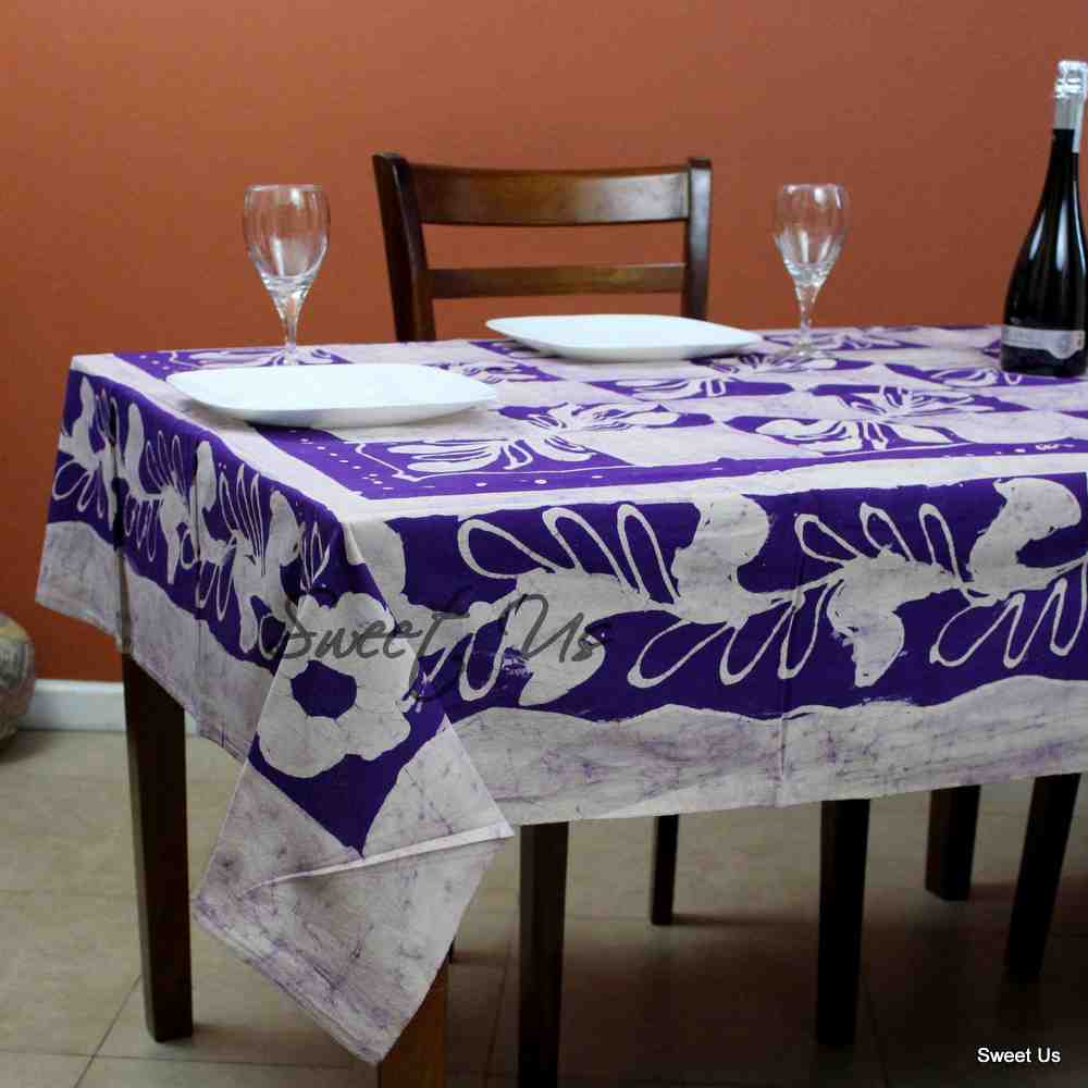 Cotton Batik Floral Patchwork Tablecloth Rectangle Purple Dining Kitchen Linen