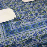 Cotton Paisley Floral Block Print Tablecloth Rectangle Blue Kitchen Dining Linen