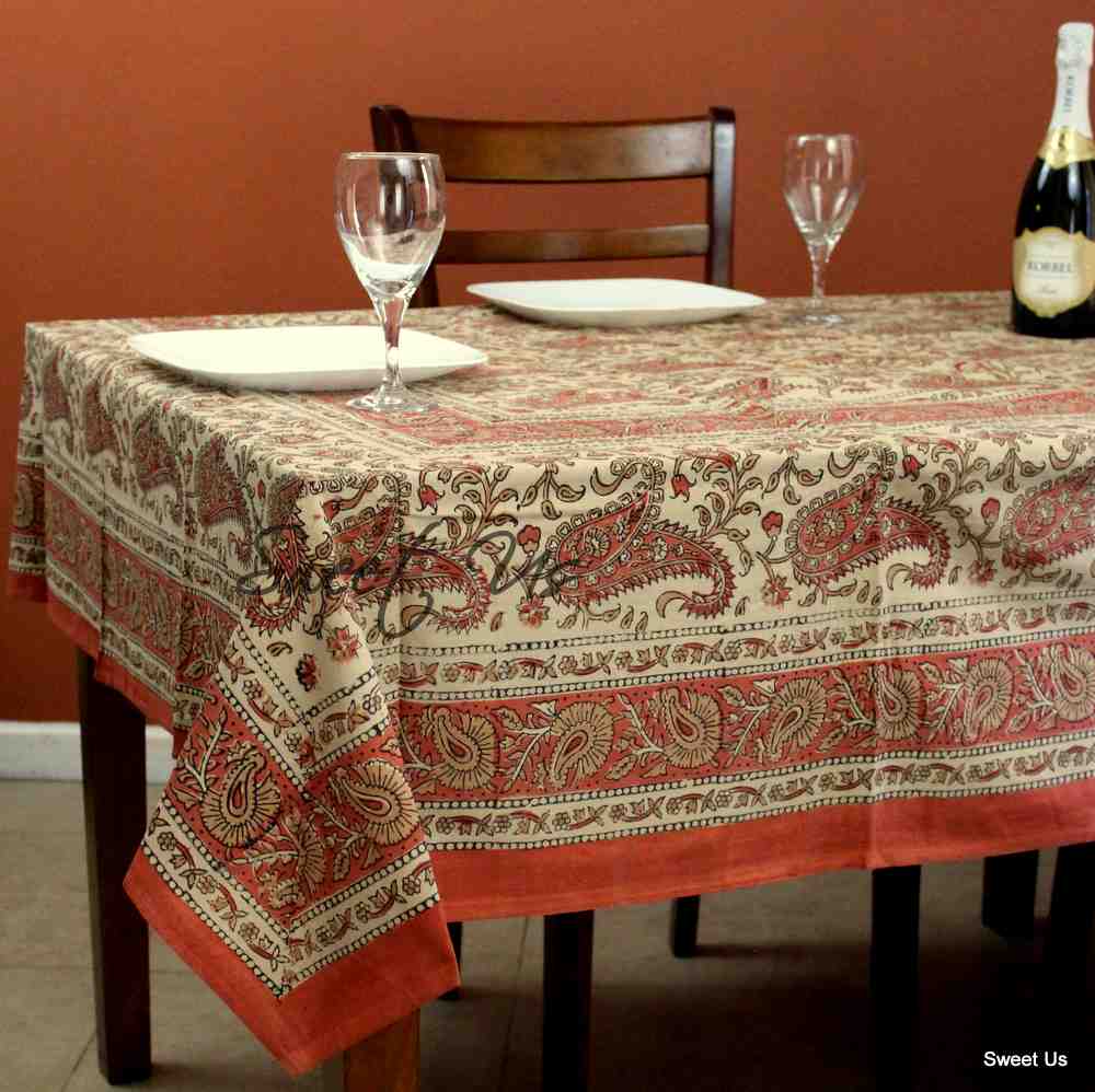 Cotton Paisley Floral Block Print Tablecloth Rectangle Pink Orange Dining Linen