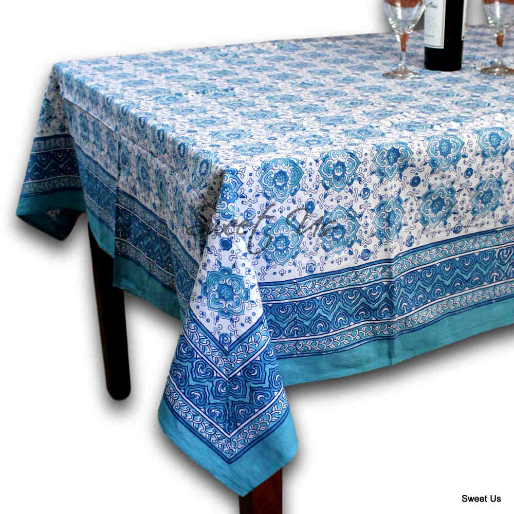 Cotton Floral Tablecloth Rectangle White Blue Green Peach Kitchen Linen