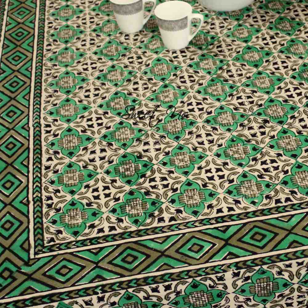 Block Print Cotton VEGGIE DYE Geometric Tablecloth Rectangle Green Beige