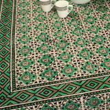 Block Print Cotton VEGGIE DYE Geometric Tablecloth Rectangle Green Beige