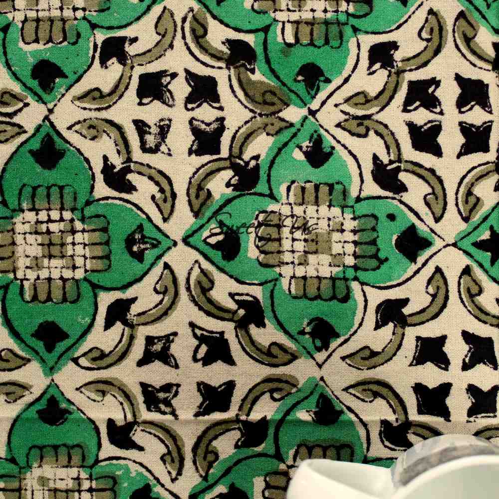 Block Print Cotton VEGGIE DYE Geometric Tablecloth Rectangle Green Beige