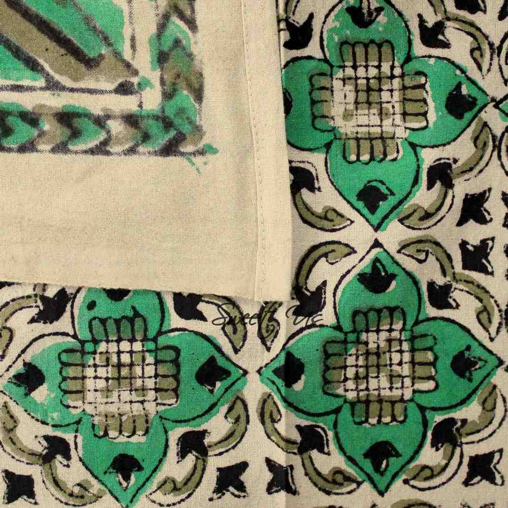 Block Print Cotton VEGGIE DYE Geometric Tablecloth Rectangle Green Beige