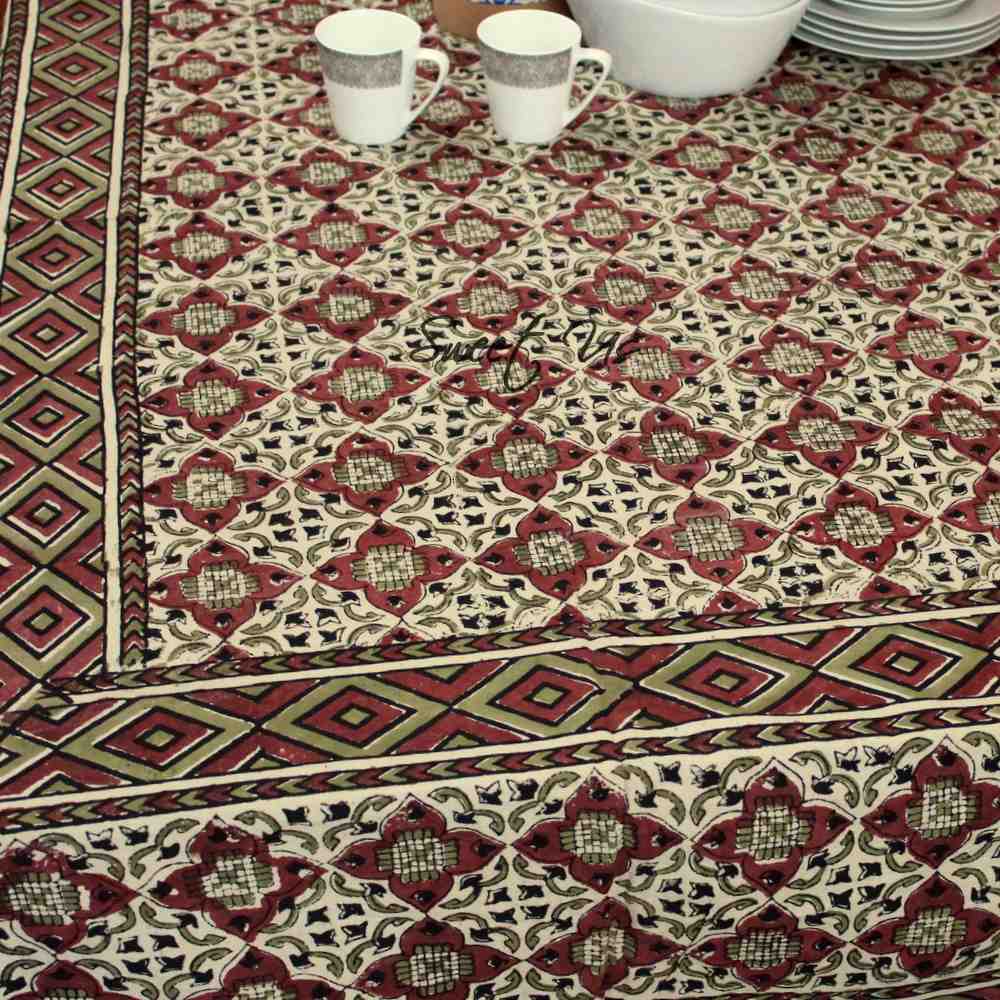Block Print Cotton VEGGIE DYE Geometric Tablecloth Rectangle Red Beige
