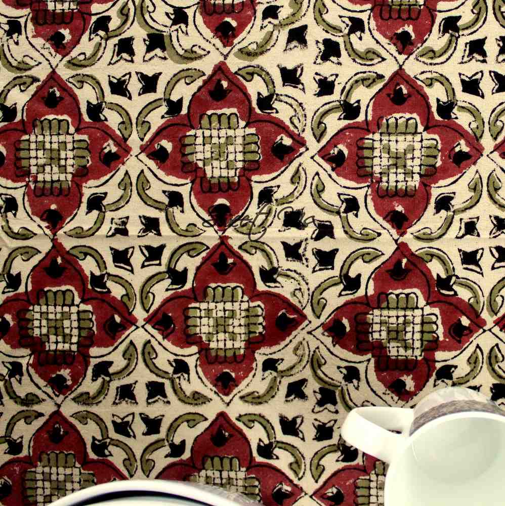 Block Print Cotton VEGGIE DYE Geometric Tablecloth Rectangle Red Beige