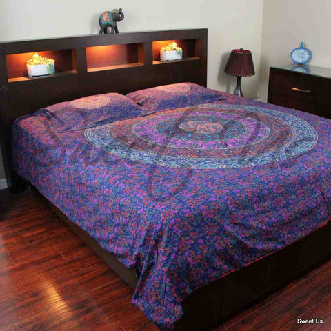 Reversible Block Print Cotton Mandala Floral Duvet Cover Full Queen Blue Red
