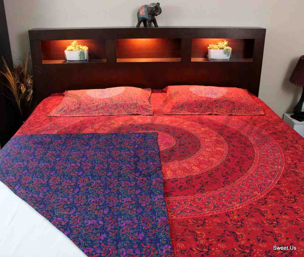 Reversible Block Print Cotton Mandala Floral Duvet Cover Full Queen Blue Red