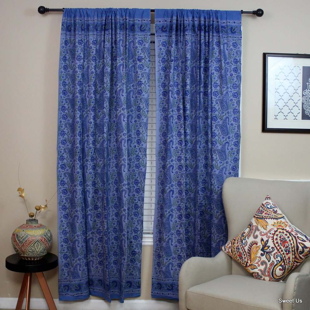 Block Print Paisley Floral Curtain Drape Blue Green 47x85 Cotton Door Panel
