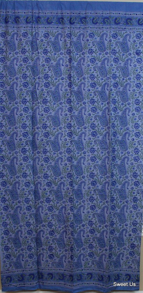 Block Print Paisley Floral Curtain Drape Blue Green 47x85 Cotton Door Panel